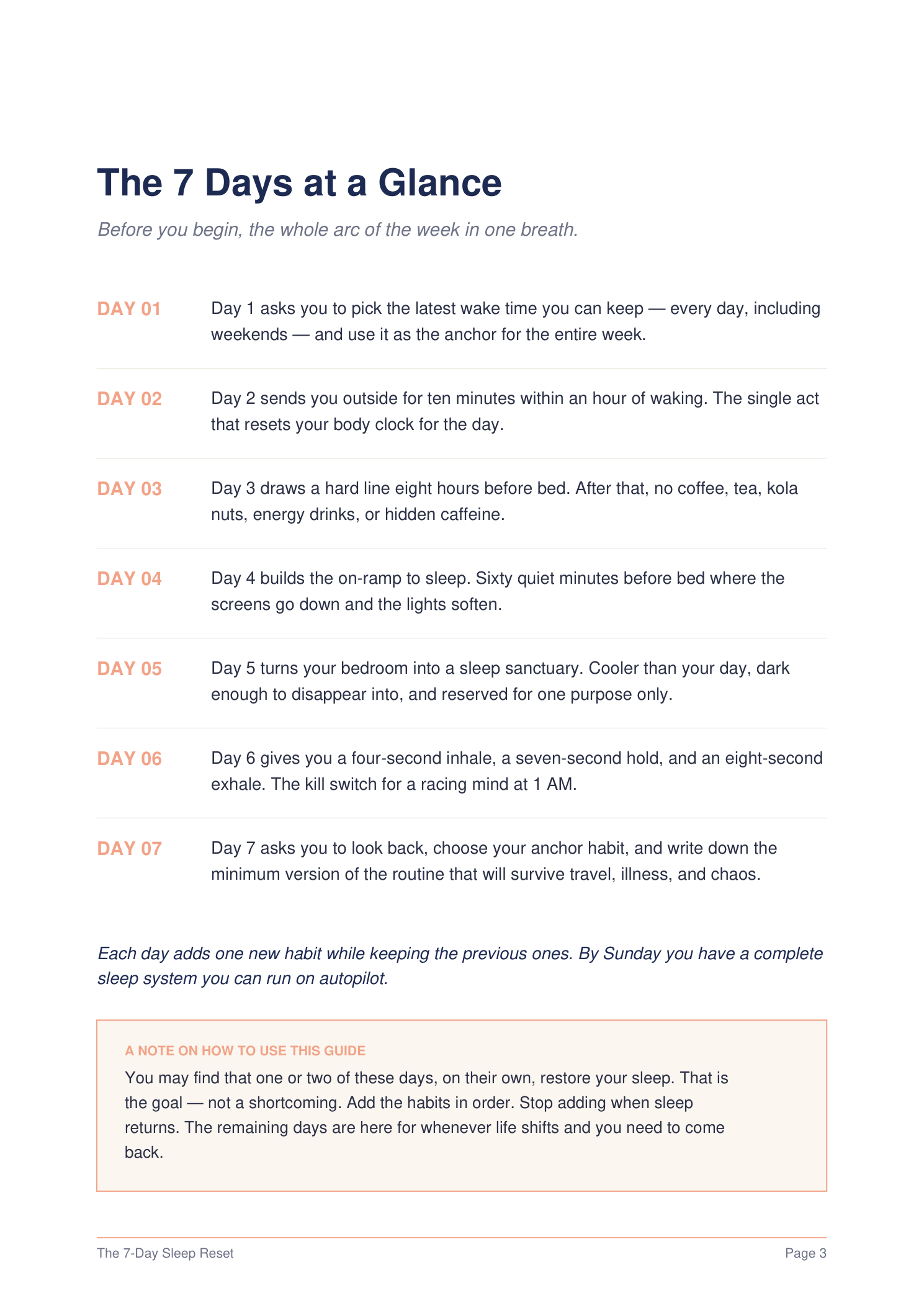 The 7 Days at a Glance — page from the actual guide