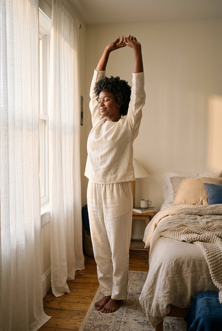 A young woman stretching peacefully upon waking, bathed in soft morning light.